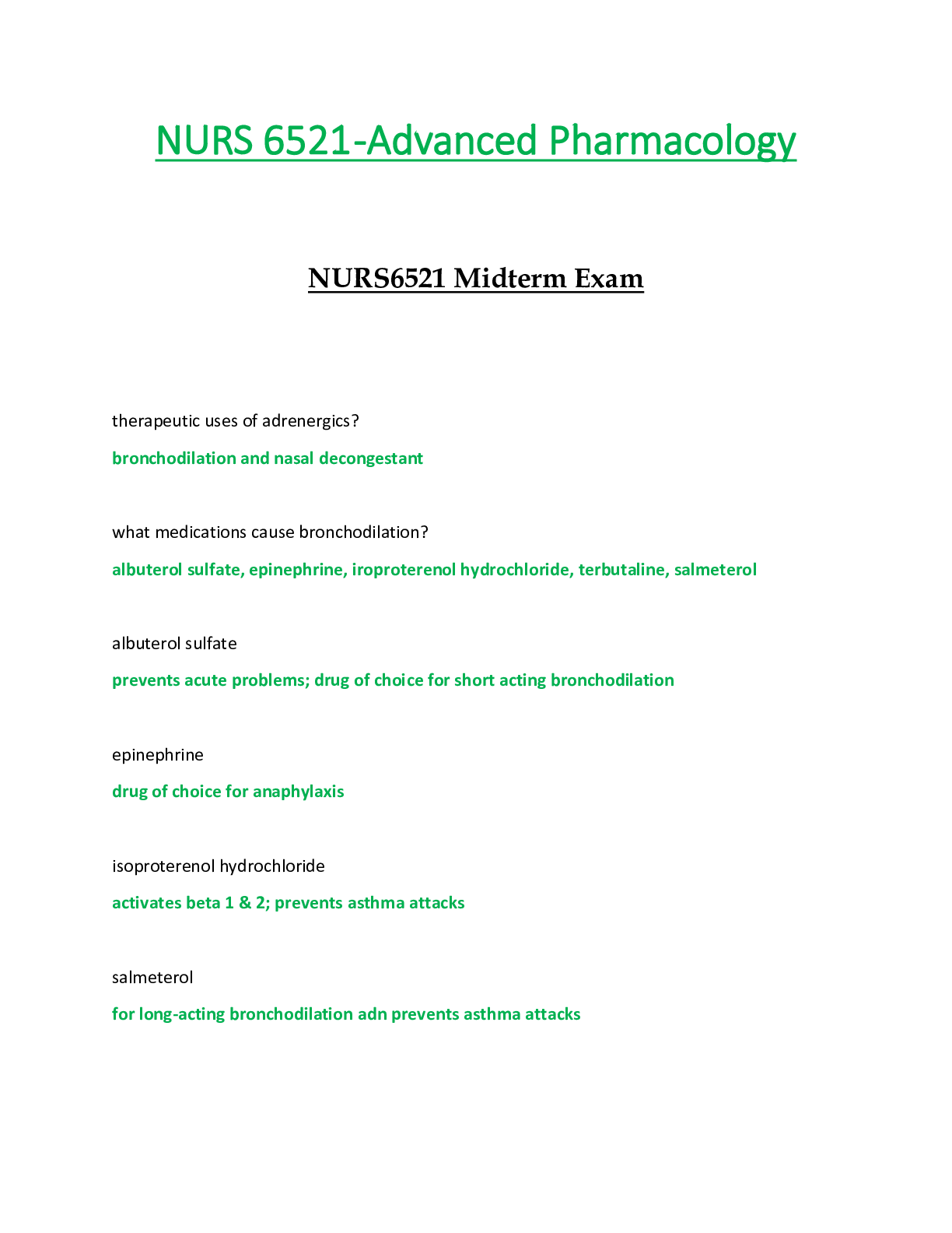 Preview of NURS6521 / NURS 6521 Midterm Exam (Latest): Advanced Pharmacology - Walden